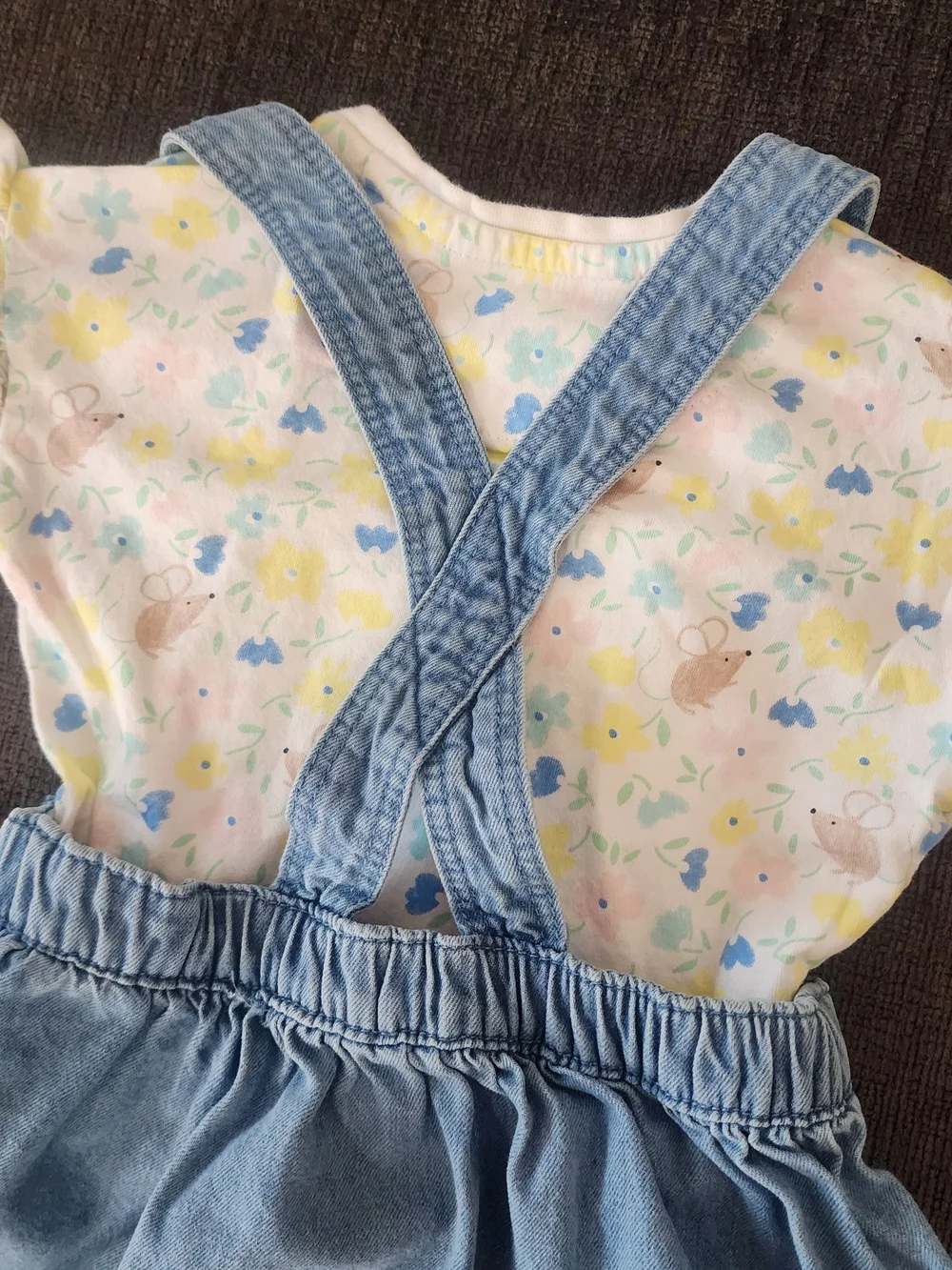 M&S Mouse Flower Nature Lover Denim Overall Dress & T-Shirt, Cottage Girls 2-3 Y